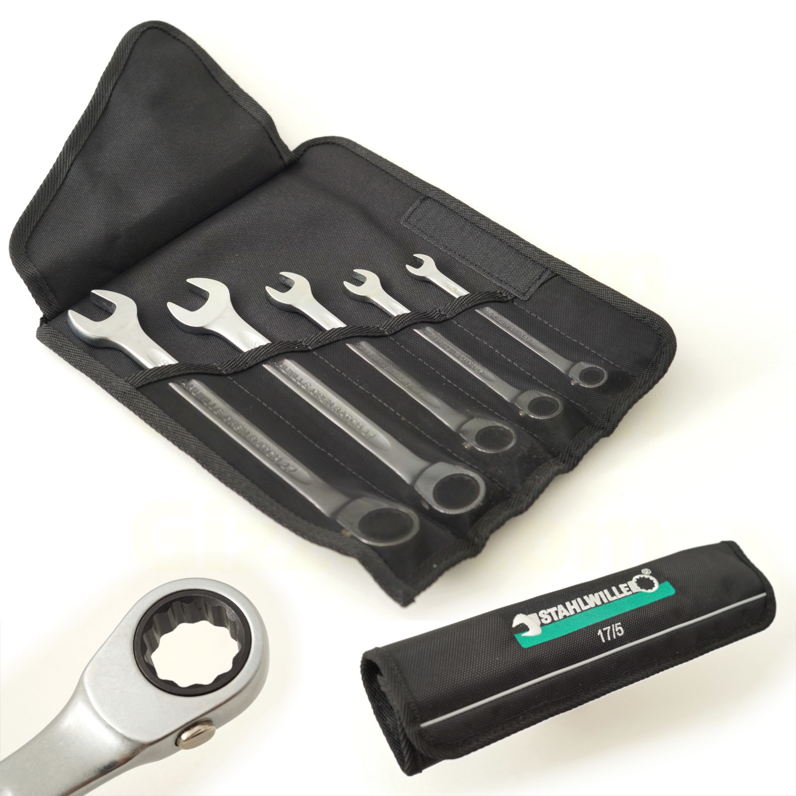 Stahlwille 17/5 ratchet wrench shown in textile roll-bag open and closed